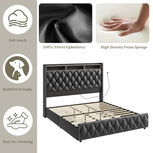 Queen Bed Frame with Tall Headboard, Velvet Upholstered, 4 Storage Drawers U913671