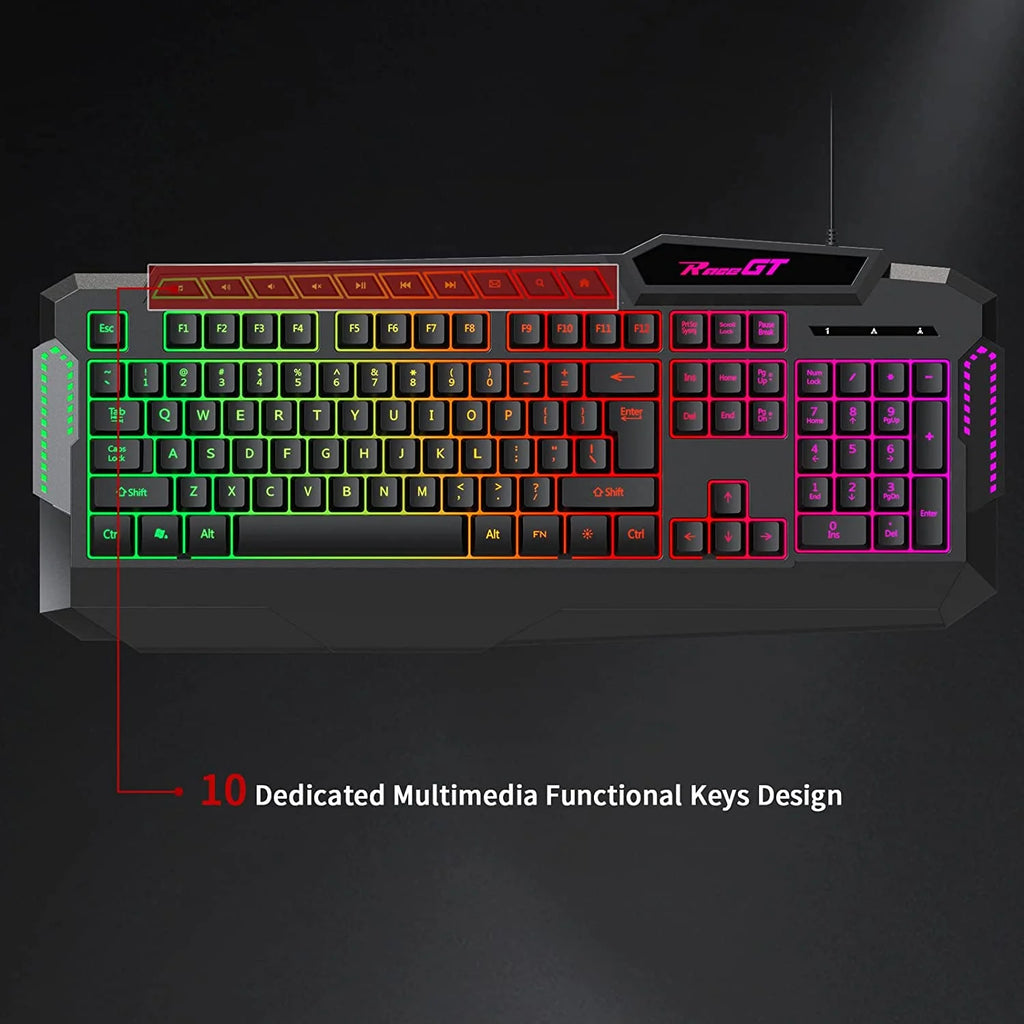 Gaming Keyboard, 114 Keys Full Size Wired Rainbow LED Backlit Quiet Computer Keyboard with Wrist Rest, Black R563