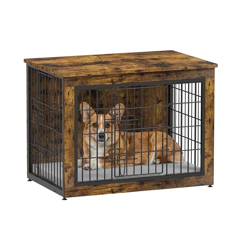 Dog Crate Furniture with Cushion, Heavy-Duty Metal Mesh, Wooden End Table with Double Doors, Indoor Kennel for Small Breed, Grey K856