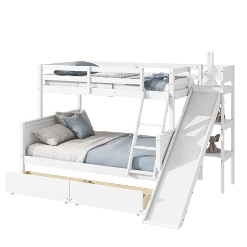 Twin Over Full Bunk Bed with Slide and Storage Stairs C57577