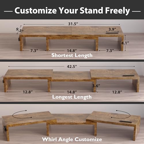 Dual Monitor Stand Riser with Smartphone Holder, Adjustable Wooden Desktop Organizer P70793