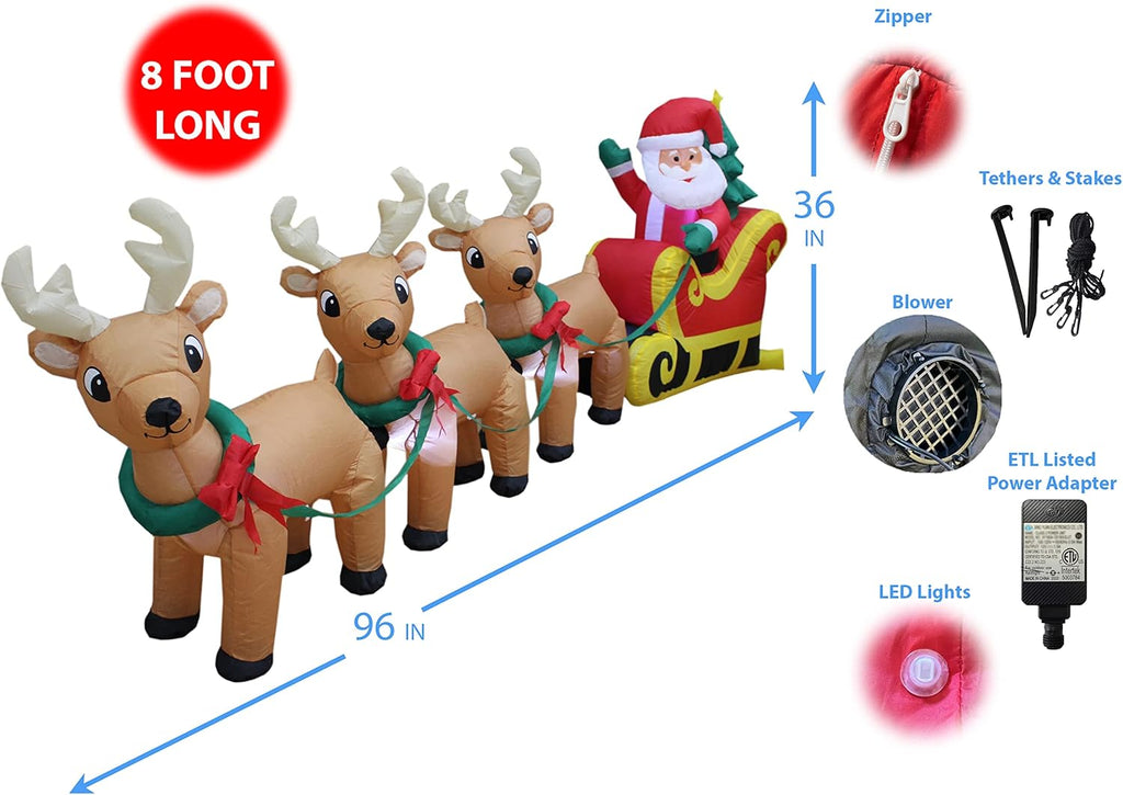 Christmas Inflatable Santa Claus on Sleigh with Reindeer and LED Lights Outdoor Decor G490