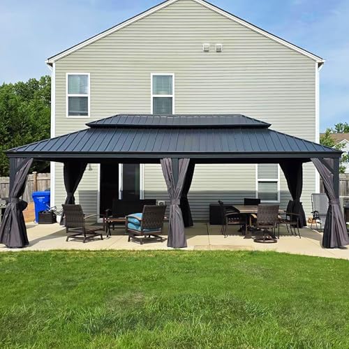 10' x 14' Permanent Hardtop Gazebo with Galvanized Steel Double Roof, Curtains and Netting Included M96664
