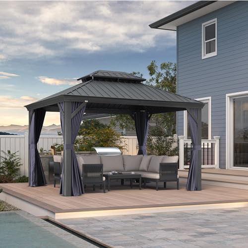 10' x 14' Permanent Hardtop Gazebo with Galvanized Steel Double Roof, Curtains and Netting Included M96664