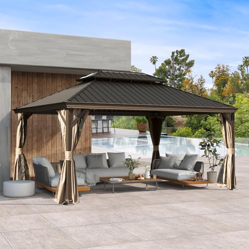 10 x 10 ft Hardtop Gazebo with Netting and Curtains, Galvanized Steel Roof for Patio and Garden X50618