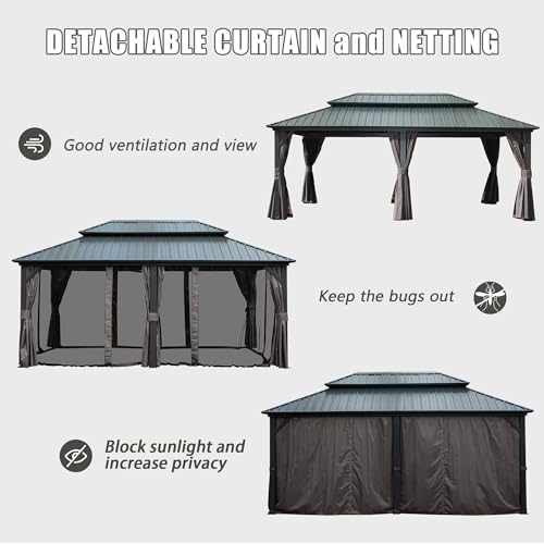 10 x 10 ft Hardtop Gazebo with Netting and Curtains, Galvanized Steel Roof for Patio and Garden X50618