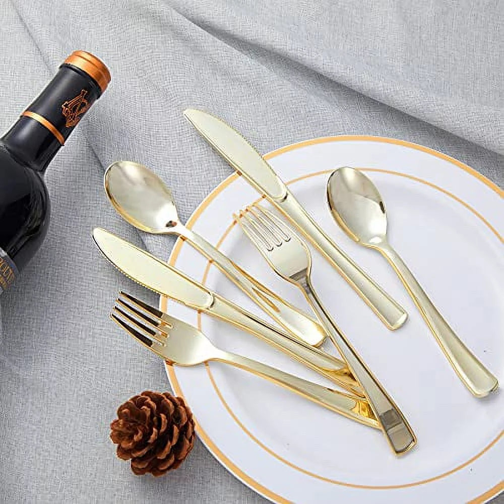 Gold Plastic Cutlery Set Disposable Flatware for Party C109