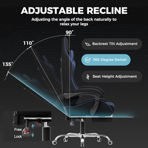 Gaming Chair with Footrest and Lumbar Support, Height Adjustable, 360° Swivel, Blue U7447