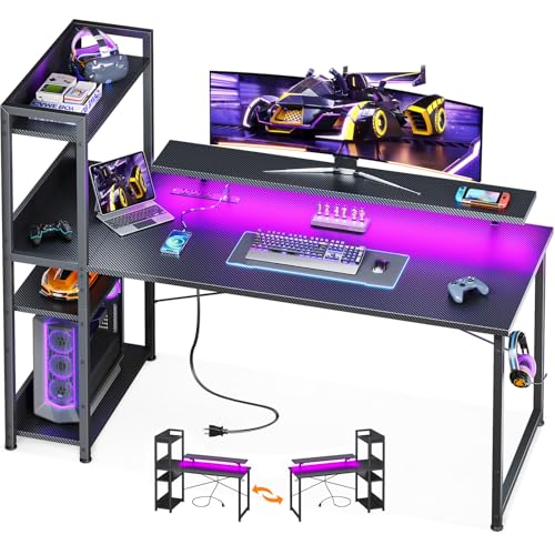 ODK Reversible Gaming Desk with USB Charging Port and LED Lights, 40 Inch Computer Desk with Storage Shelves & Monitor Stand, Study Table for Home Office, Small Space Bedroom, Carbon Fiber Black