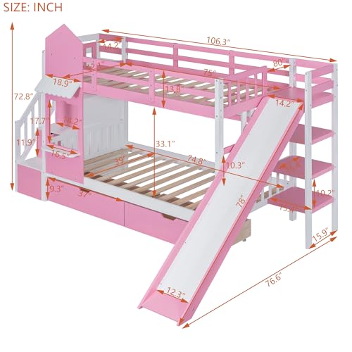 Kids Bunk Bed with Stairs and Slide, Twin Over Twin, Gray E77813