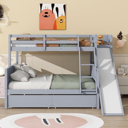 Twin Over Full Bunk Bed with Slide and Storage Stairs C57577