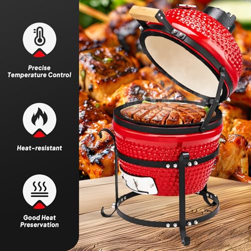 Red Spherical Ceramic Charcoal Grill, Portable BBQ Smoker for Outdoor Cooking U407