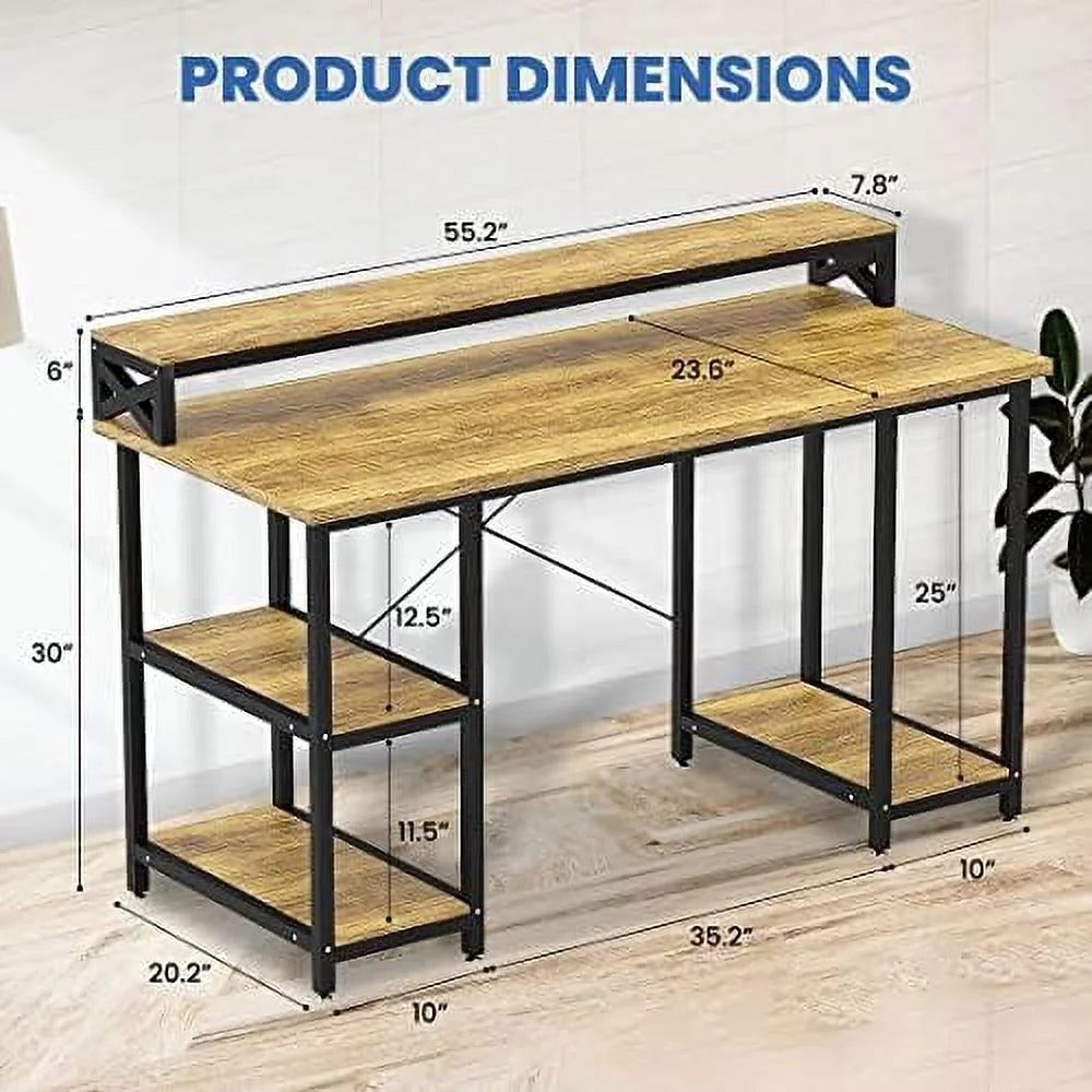 Industrial Computer Desk with Monitor Shelf, 55 Inch, Walnut and Black G1348