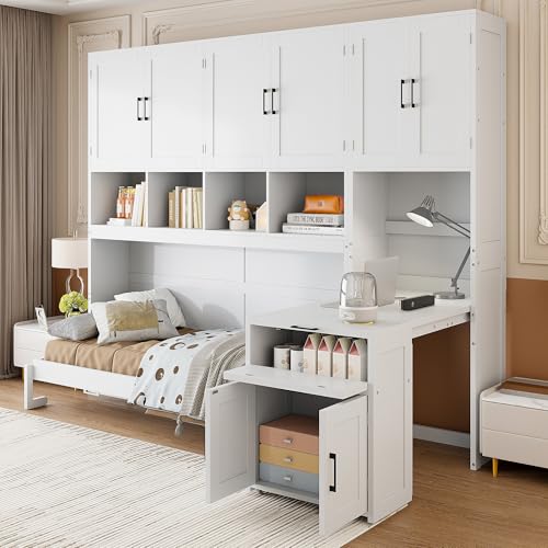 Twin Murphy Bed with Wall Frame, Closet, Drawers and Desk, White D510253