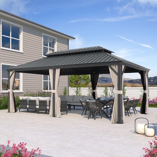 10' x 14' Permanent Hardtop Gazebo with Galvanized Steel Double Roof, Curtains and Netting Included M96664