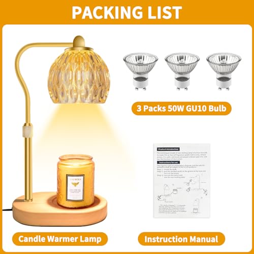 Candle Warmer Lamp with 3 Bulbs, Timer, Dimmable Height for Jar Candles C6036