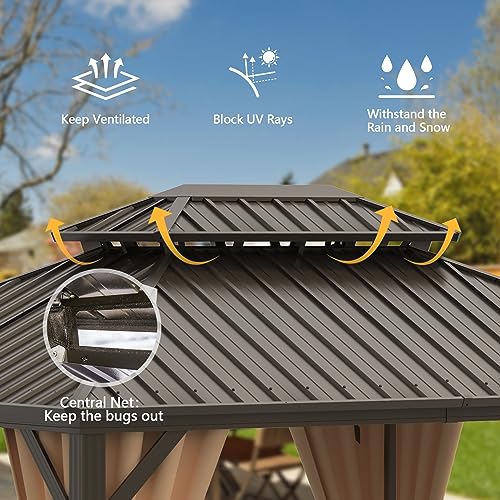 10 x 10 ft Hardtop Gazebo with Netting and Curtains, Galvanized Steel Roof for Patio and Garden X50618