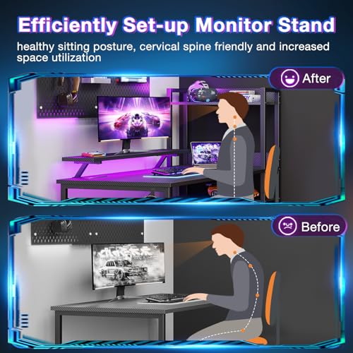 Reversible Gaming Desk with USB Charging Port and LED Lights, 40 Inch Computer Desk with Storage Shelves C134