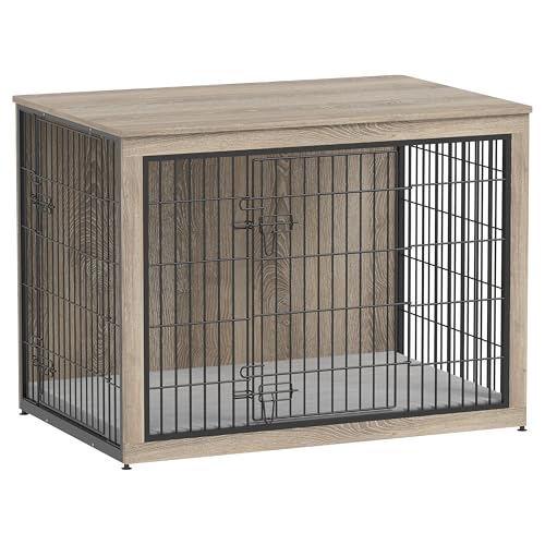 Dog Crate Furniture with Cushion, Heavy-Duty Metal Mesh, Wooden End Table with Double Doors, Indoor Kennel for Small Breed, Grey K856