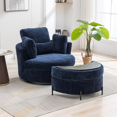 Oversized Swivel Barrel Chair with Ottoman, Chenille, Beige X252712