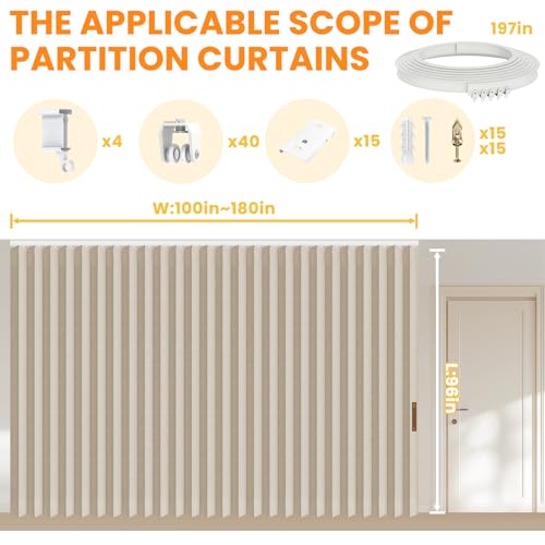 Accordion Room Divider Curtains with Ceiling Track, Grey, W100 x L84 J296