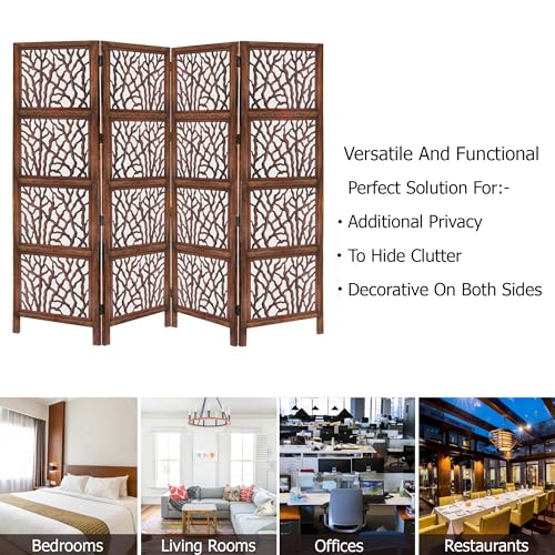 4 Panel Folding Wood Room Divider, Antique Brown, 72 x 80 L396608