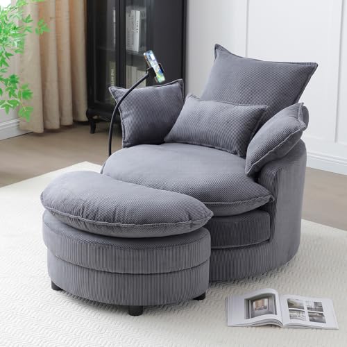 Swivel Accent Sofa Chair with Phone Holder & Storage Ottoman, Corduroy, Beige R7636