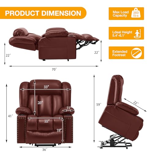 Large Power Lift Recliner Chair for Elderly with Heat and Massage, USB Port, Dark Brown A742