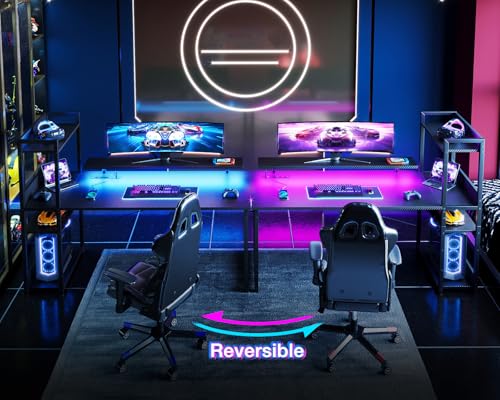 Reversible Gaming Desk with USB Charging Port and LED Lights, 40 Inch Computer Desk with Storage Shelves C134