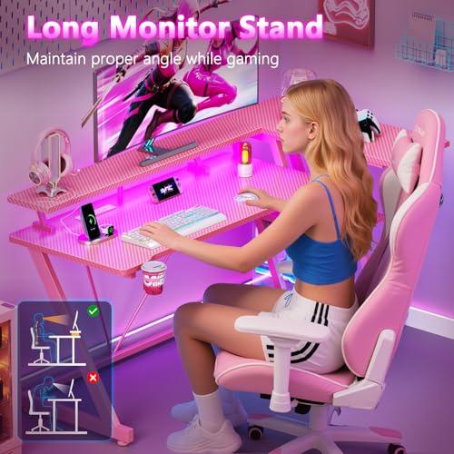 L Shaped Gaming Desk with Power Outlet and LED Lights T64283