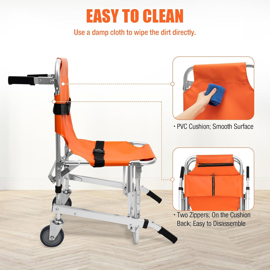 Stair Chair 2-Wheel Orange Foldable Transport Wheelchair, 350 lbs Capacity R661