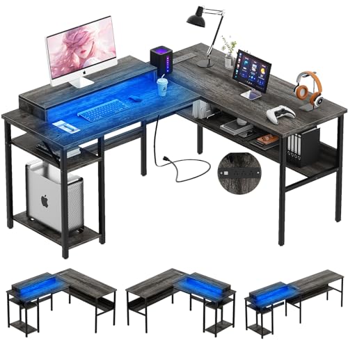 Reversible L Shaped Desk with Power Outlets and LED Light, Corner Computer Desk with Monitor Stand and Storage Shelves, Black D613
