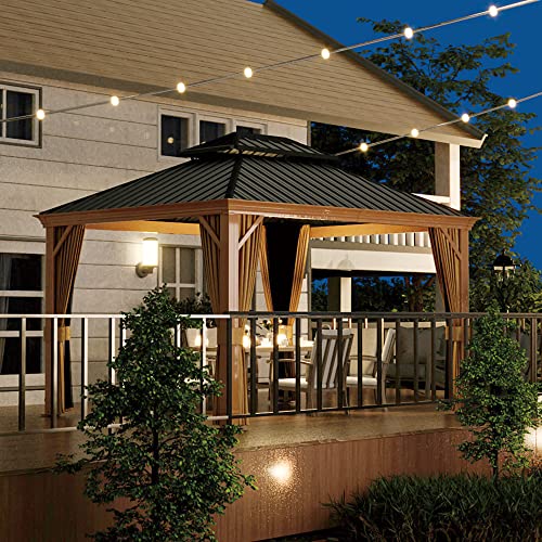 10 x 12 ft Hardtop Gazebo with Netting and Curtains, Double Roof Metal Canopy for Patio I7305