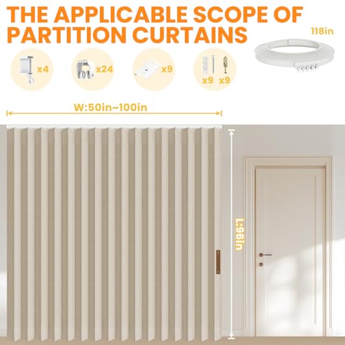 Accordion Room Divider Curtains with Ceiling Track, Grey, W100 x L84 J296