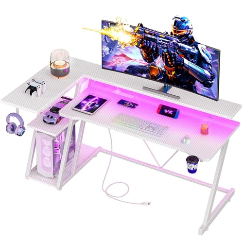L Shaped Gaming Desk with Power Outlet and LED Lights T64283
