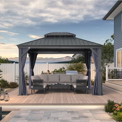 10' x 14' Permanent Hardtop Gazebo with Galvanized Steel Double Roof, Curtains and Netting Included M96664