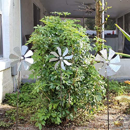Set of 3 Galvanized Grey Windmill Garden Stakes, 41 Inches P5411