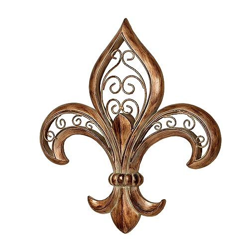 Adalina Fleur de Lis Wall Art Burnished Gold - Made of Resin, Metal Scroll Decor - French Traditional Style - Roman Emblem For Home - Measures 16 Inches Wide, 17 Inches High