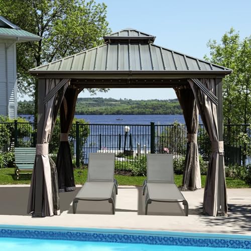 10 x 10 ft Hardtop Gazebo with Netting and Curtains, Galvanized Steel Roof for Patio and Garden X50618