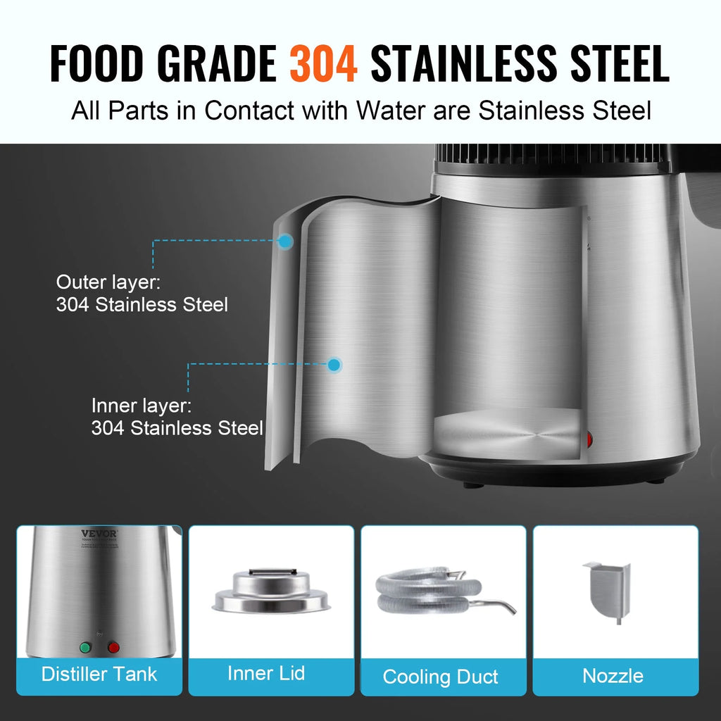 4L Water Distiller Purifier Machine Countertop Stainless Steel Interior 750W P961678