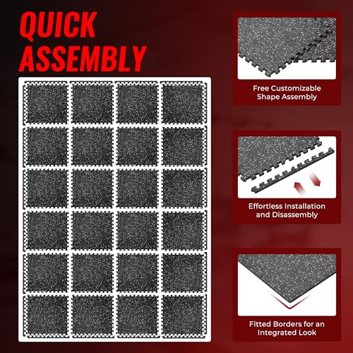 24 Pcs Interlocking EVA Foam Gym Mats with Rubber Top, Black A6287