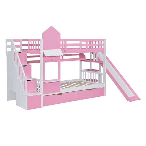 Kids Bunk Bed with Stairs and Slide, Twin Over Twin, Gray E77813