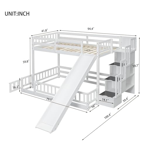 Twin Over Full Bunk Bed with Slide and Storage Stairs C57577