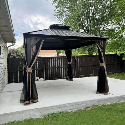 10 x 10 ft Hardtop Gazebo with Netting and Curtains, Galvanized Steel Roof for Patio and Garden X50618