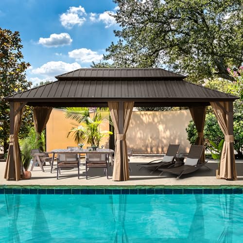 10 x 10 ft Hardtop Gazebo with Netting and Curtains, Galvanized Steel Roof for Patio and Garden X50618