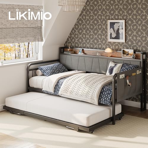 Daybed with Trundle and Storage Headboard, Twin Size, Grey M473750