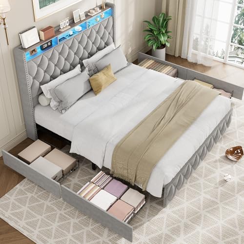 Queen Bed Frame with Tall Headboard, Velvet Upholstered, 4 Storage Drawers U913671