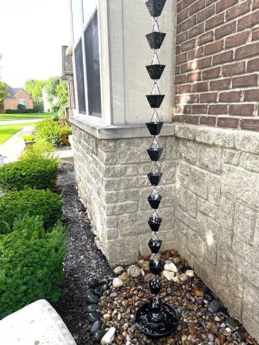 Rain Chain for Gutters, 8.5ft Metal, Black Powder Coated with Sunflower Cups O585104