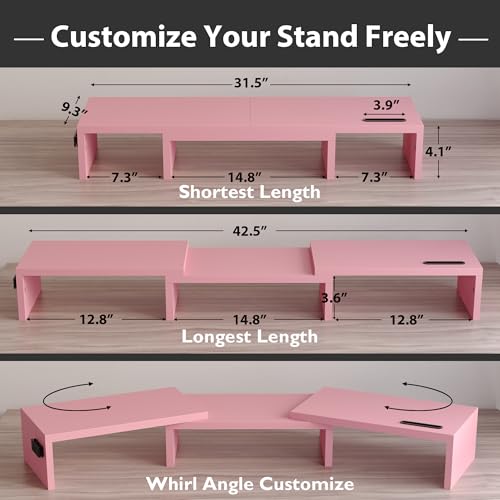 Dual Monitor Stand Riser with Smartphone Holder, Adjustable Wooden Desktop Organizer P70793