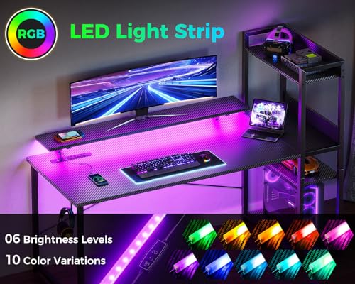 Reversible Gaming Desk with USB Charging Port and LED Lights, 40 Inch Computer Desk with Storage Shelves C134